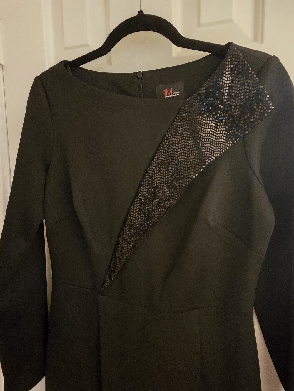 JM Collection Black Long Sleeve Dress with Diagonal Sequin Accent Cocktail 6